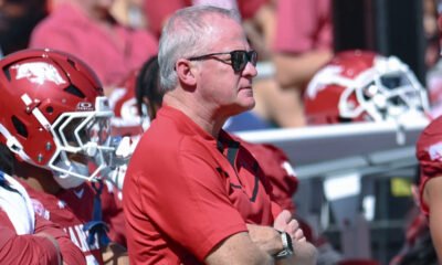 Arkansas Razorbacks athletics director Hunter Yurachek on the sidelines during the game with the Notre Dame Fighting Irish