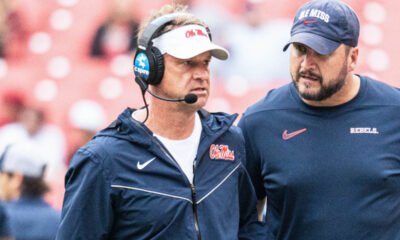 Ole Miss Rebels coach Lane Kiffin on the sidelines against the Arkansas Razorbacks