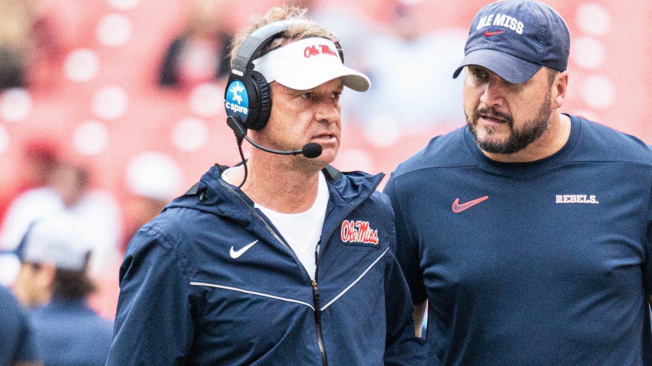 Ole Miss Rebels coach Lane Kiffin on the sidelines against the Arkansas Razorbacks