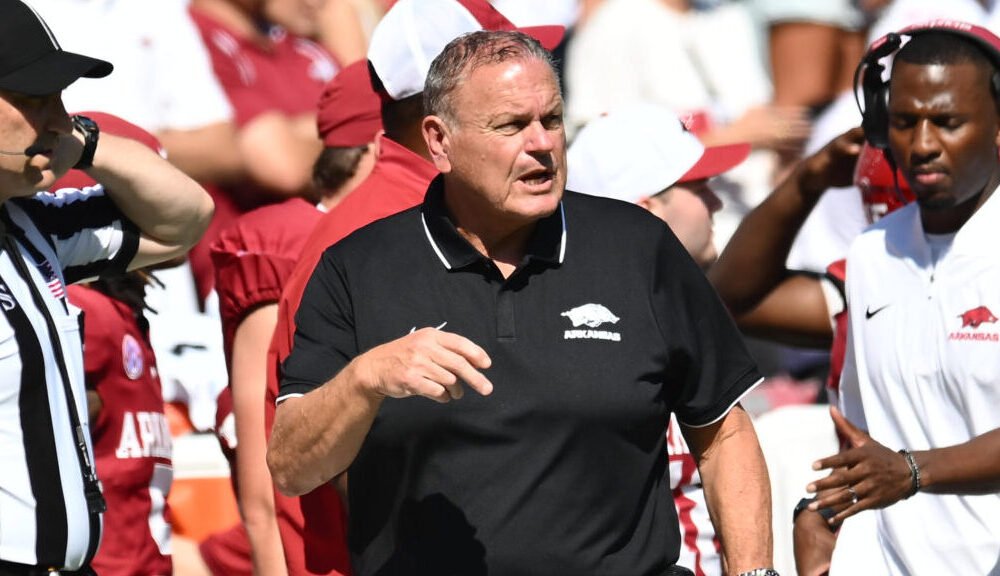 Arkansas Razorbacks coach Sam Pittman on the sidelines against the Notre Dame Fighting Irish