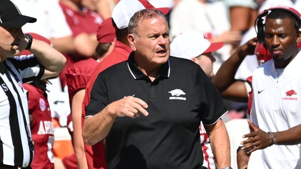 Arkansas Razorbacks coach Sam Pittman on the sidelines against the Notre Dame Fighting Irish