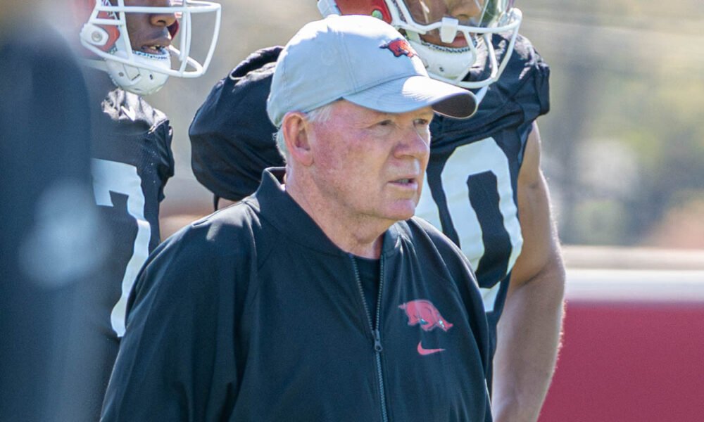 Arkansas Razorbacks offensive coordinator Bobby Petrino at a spring practice