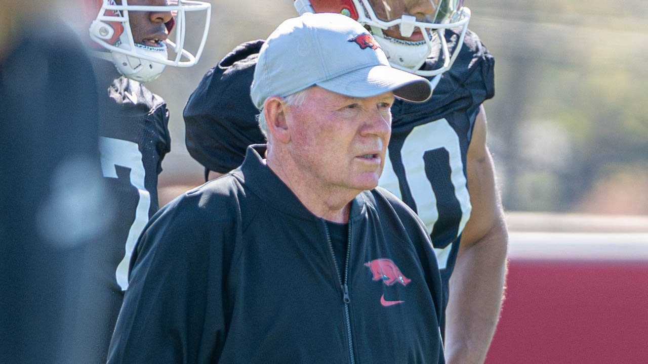 Arkansas Razorbacks offensive coordinator Bobby Petrino at a spring practice