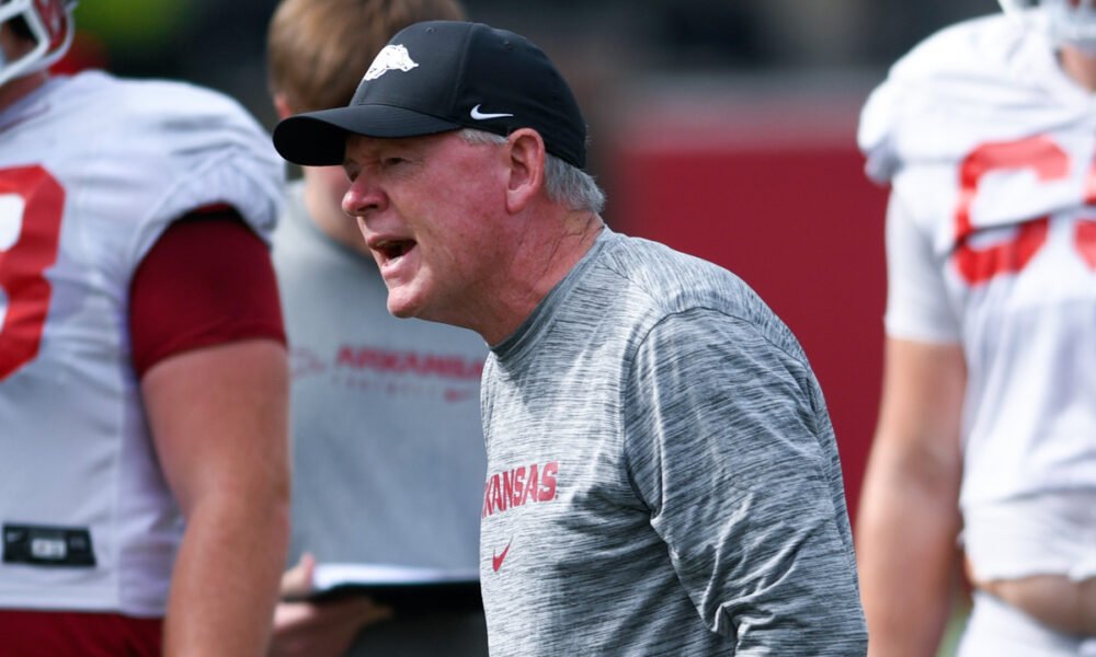 Arkansas Razorbacks offensive coordinator Bobby Petrino during practice drills on the outside fields