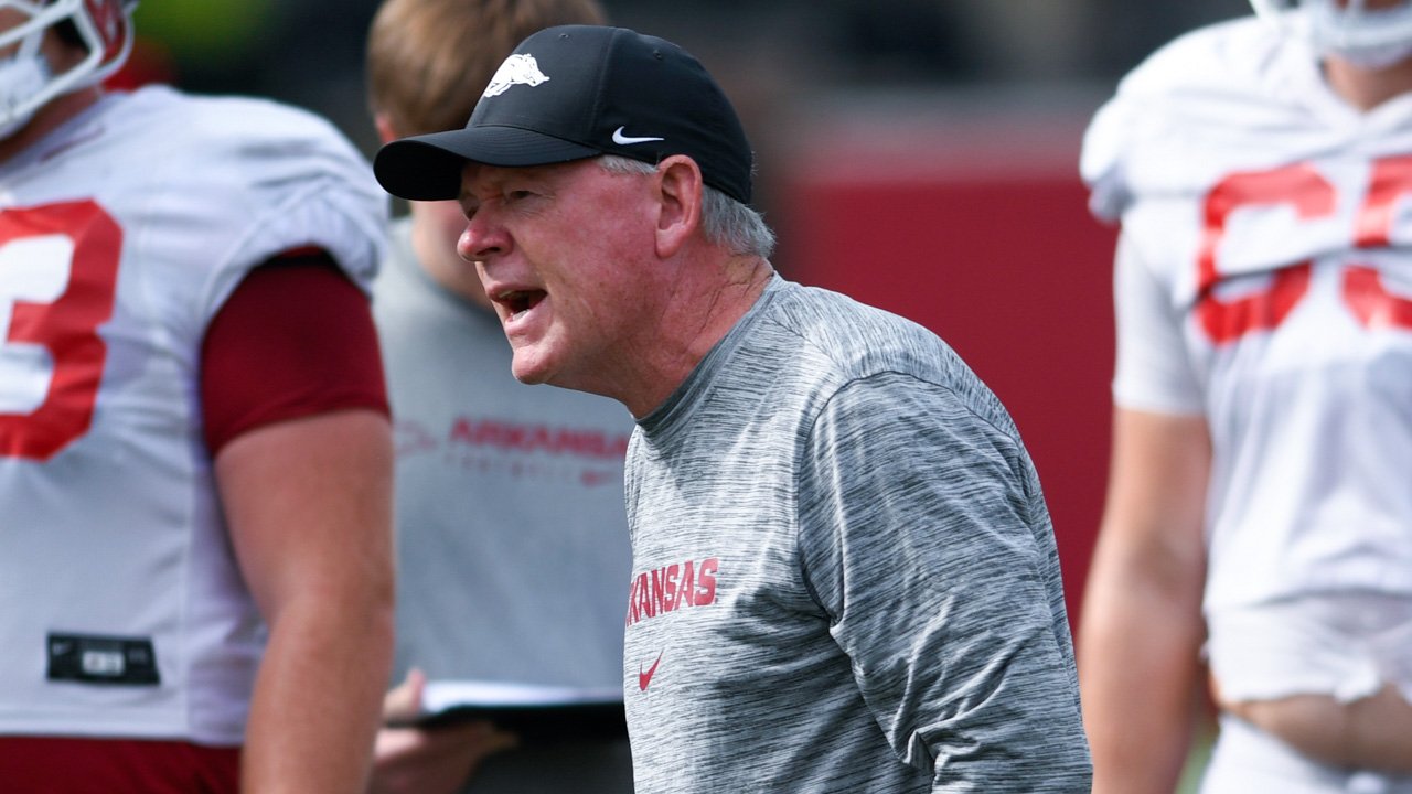 Arkansas Razorbacks offensive coordinator Bobby Petrino during practice drills on the outside fields