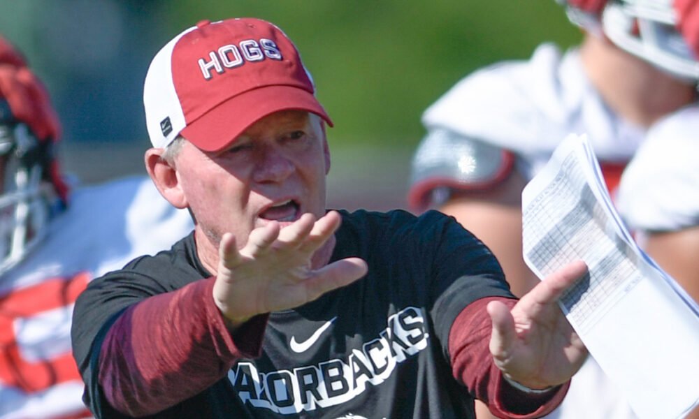 Arkansas Razorbacks offensive coordinator Bobby Petrino during fall camp practices