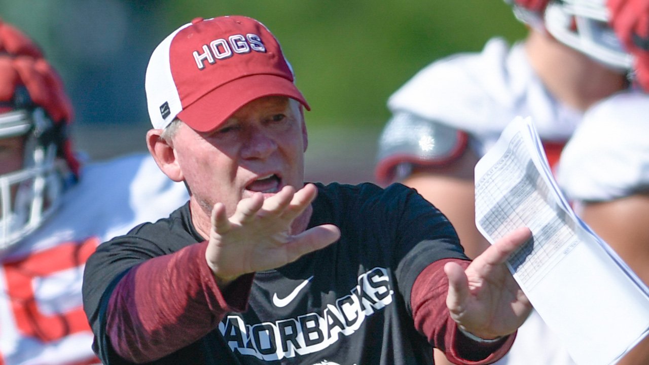 Arkansas Razorbacks offensive coordinator Bobby Petrino during fall camp practices