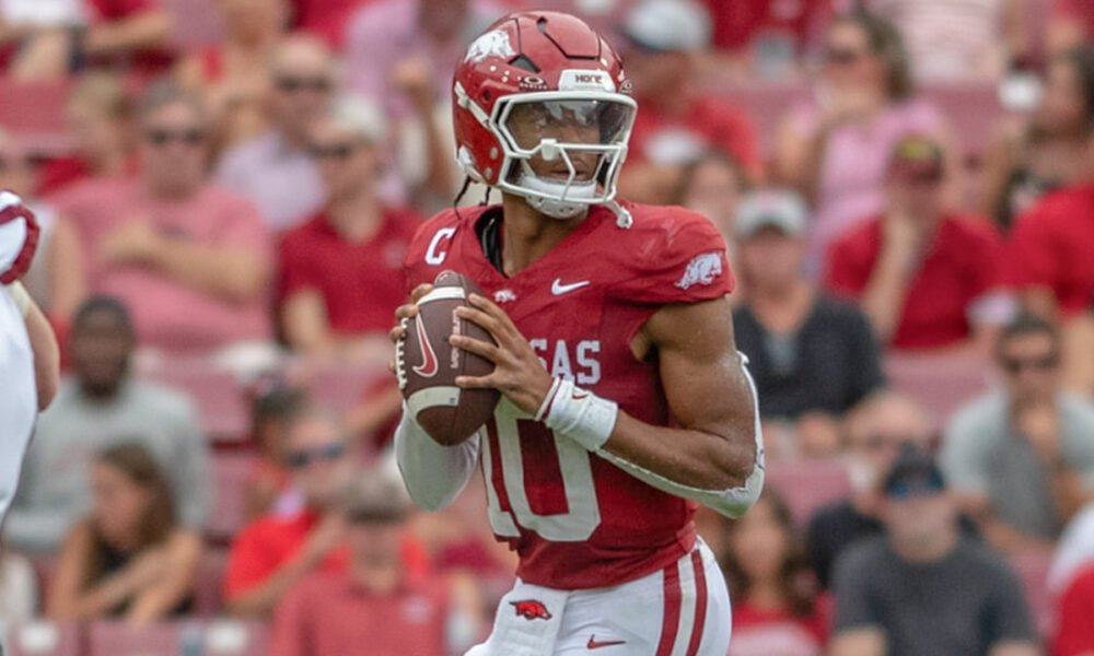 Arkansas Razorbacks quarterback Taylen Green running against the Arkansas State Red Wolves