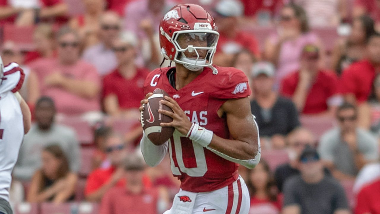 Arkansas Razorbacks quarterback Taylen Green running against the Arkansas State Red Wolves