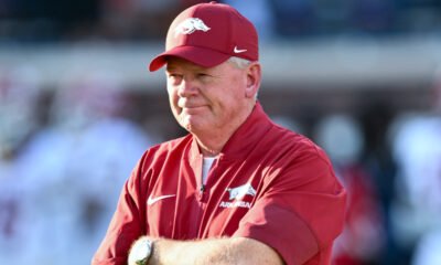Bobby Petrino during pregame warmups before facing the Ole Miss Rebels at Vaught-Hemingway Stadium