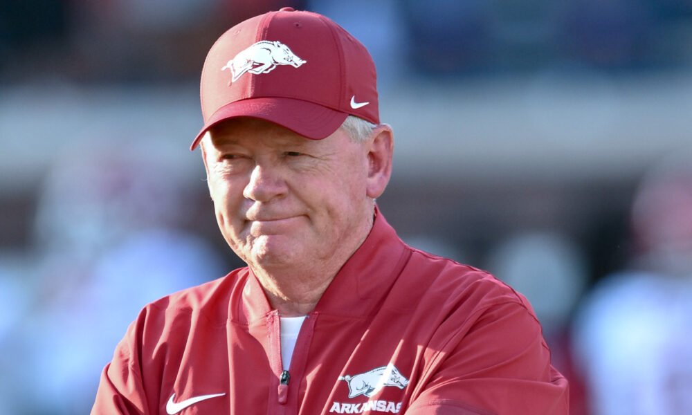 Arkansas Razorbacks offensive coordinator Bobby Petrino in pregame game warmups