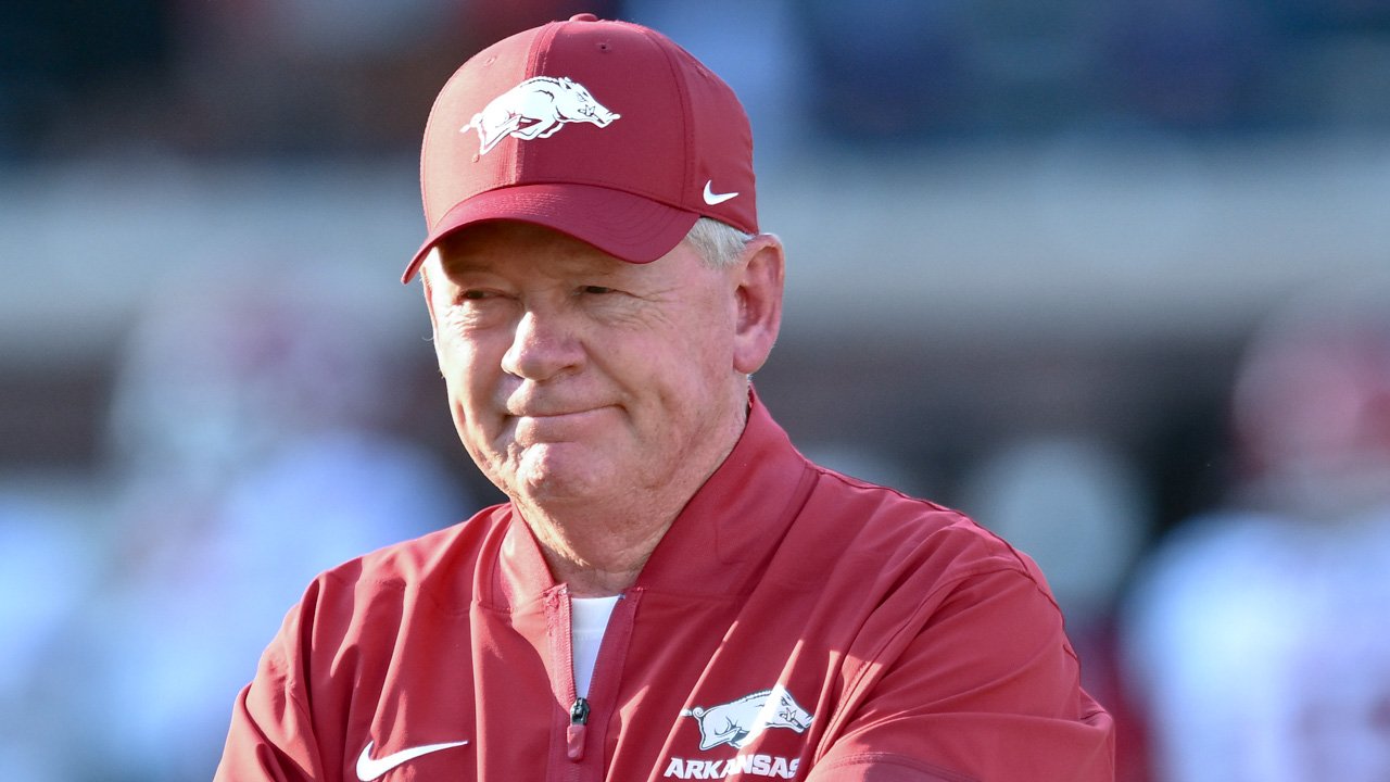 Arkansas Razorbacks offensive coordinator Bobby Petrino in pregame game warmups