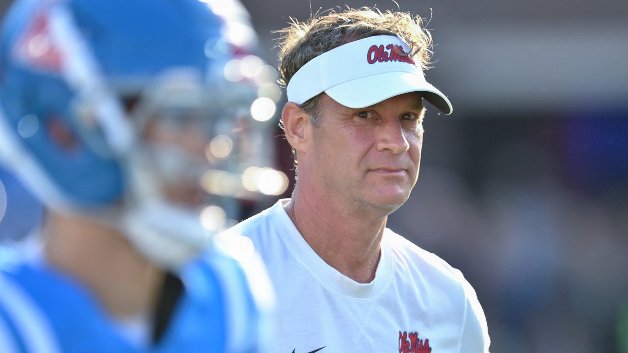 Ole Miss Rebels coach Lane Kiffin in pregame warmups before facing the Arkansas Razorbacks