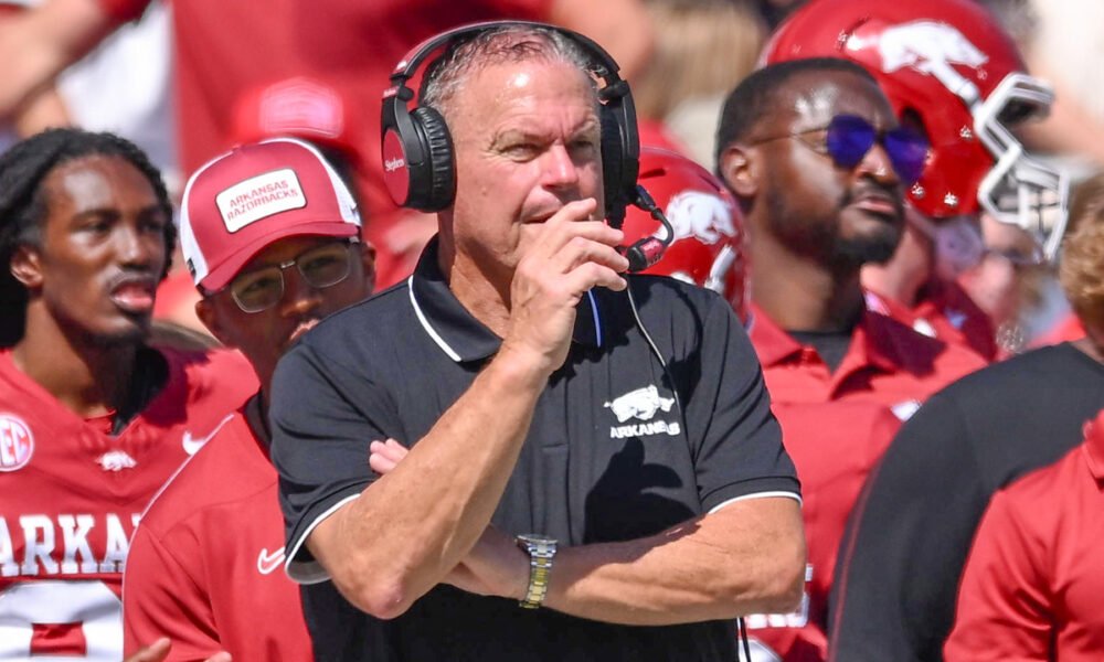 Arkansas Razorbacks coach Sam Pittman on the sidelines against the Notre Dame Fighting Irish