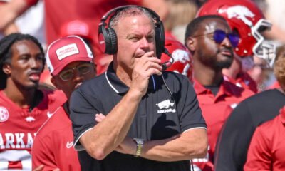 Arkansas Razorbacks coach Sam Pittman on the sidelines against the Notre Dame Fighting Irish