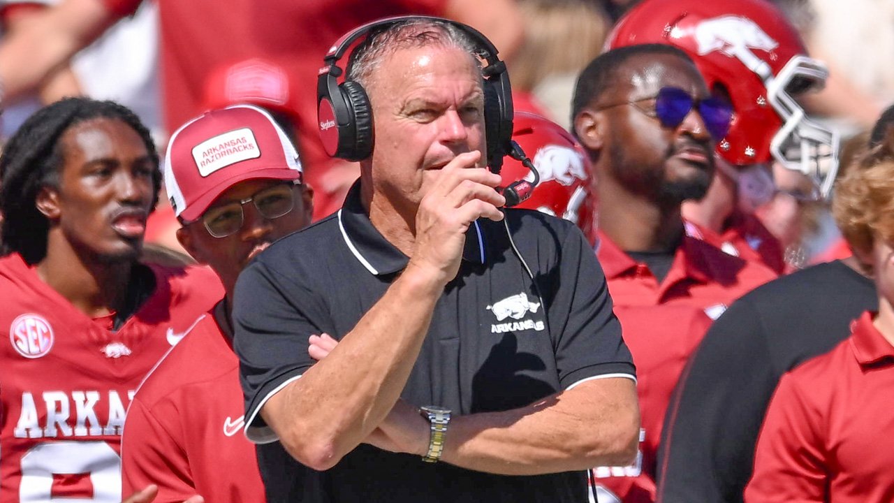 Arkansas Razorbacks coach Sam Pittman on the sidelines against the Notre Dame Fighting Irish